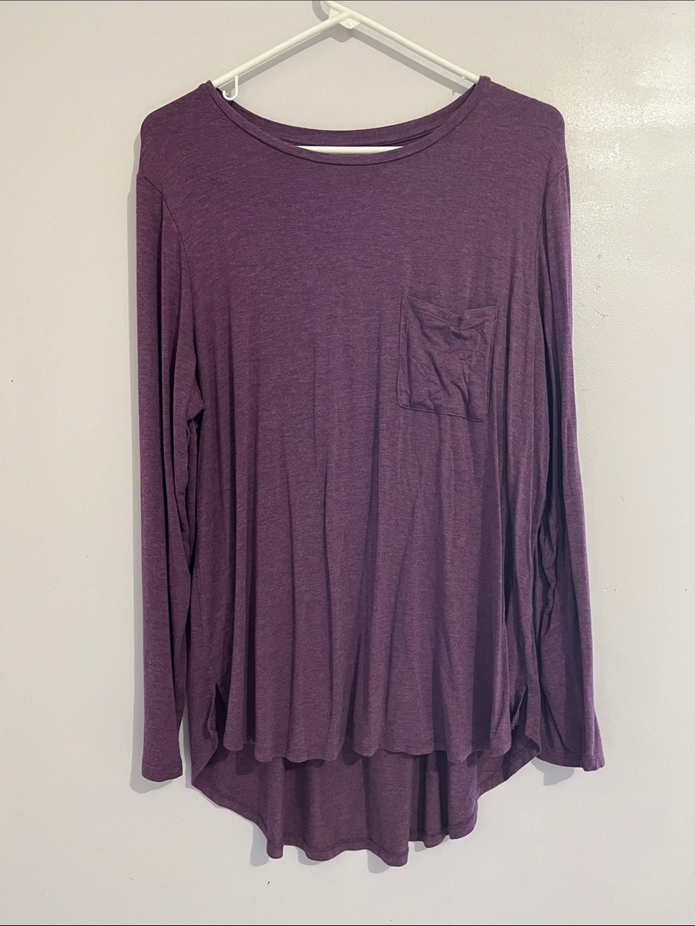 Women's Long-Sleeve Pocket Tee in Plum tunic length stretch